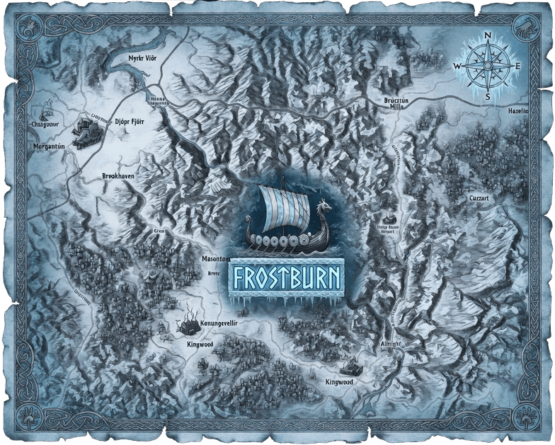 Winter illustrated map of the Frostburn lands in West Virginia